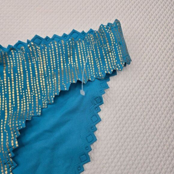 PilyQ Womens S Turquoise Blue Gold Metallic Trim Bikini Bottom NEW Reversible - Picture 3 of 6